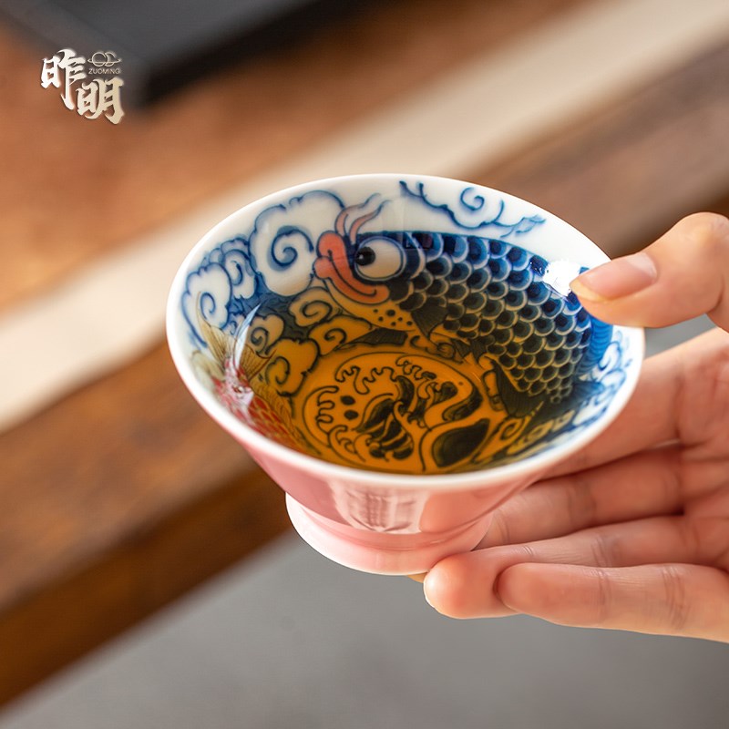昨明陶瓷手绘龙鱼斗笠杯茶杯主人杯 散香杯创意 现代 国潮风 家用