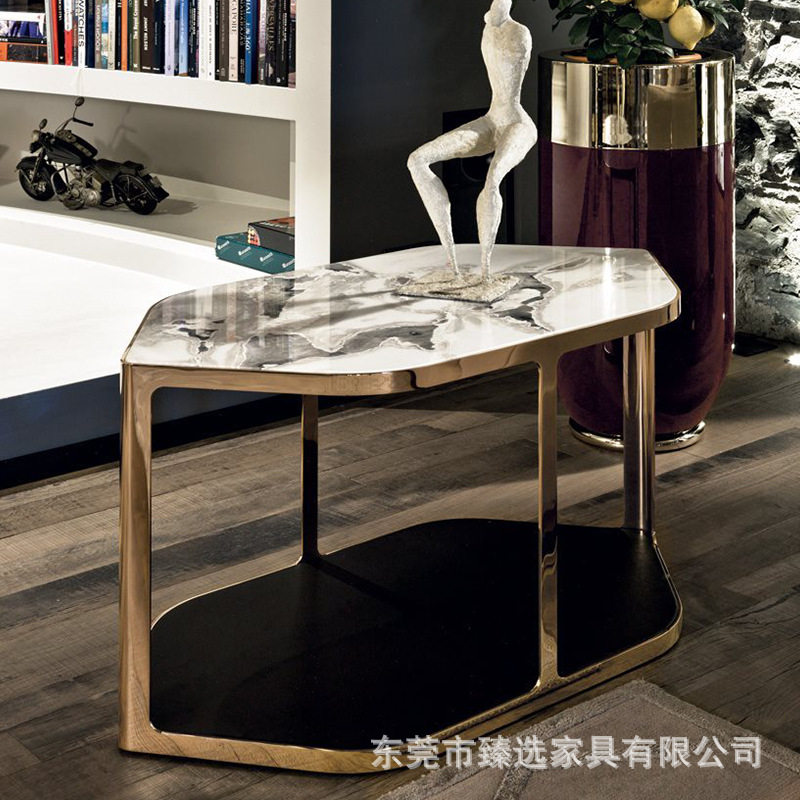 LONGHI意式奢华不锈钢大理石角几现代轻奢客厅多边形边几高端家具