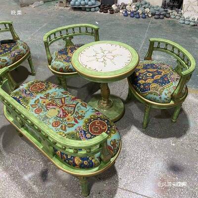 美欧式彩绘小圆桌乡复古村单人实木背椅t$*&%fgy客厅小靠茶台式阳