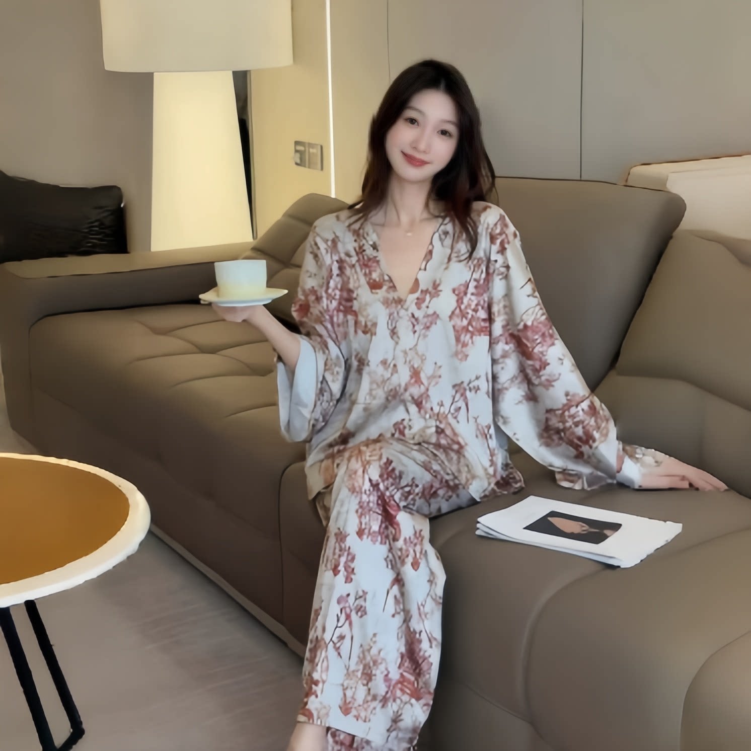 国风真丝花卉女士睡衣套装春秋