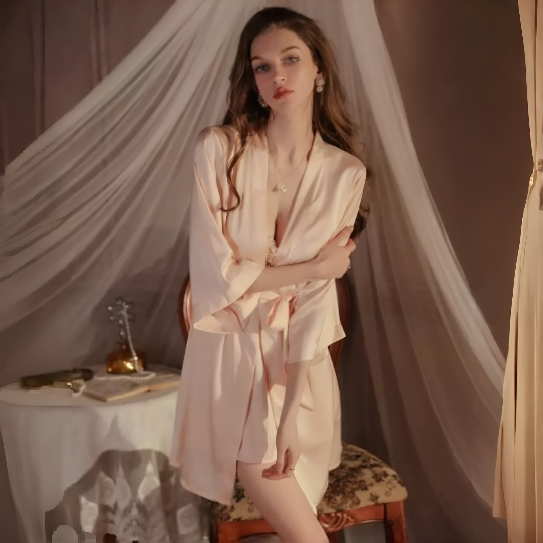 性感睡衣女款2026网红新款真丝吊带睡裙女夏纯欲风带胸垫宽松睡袍