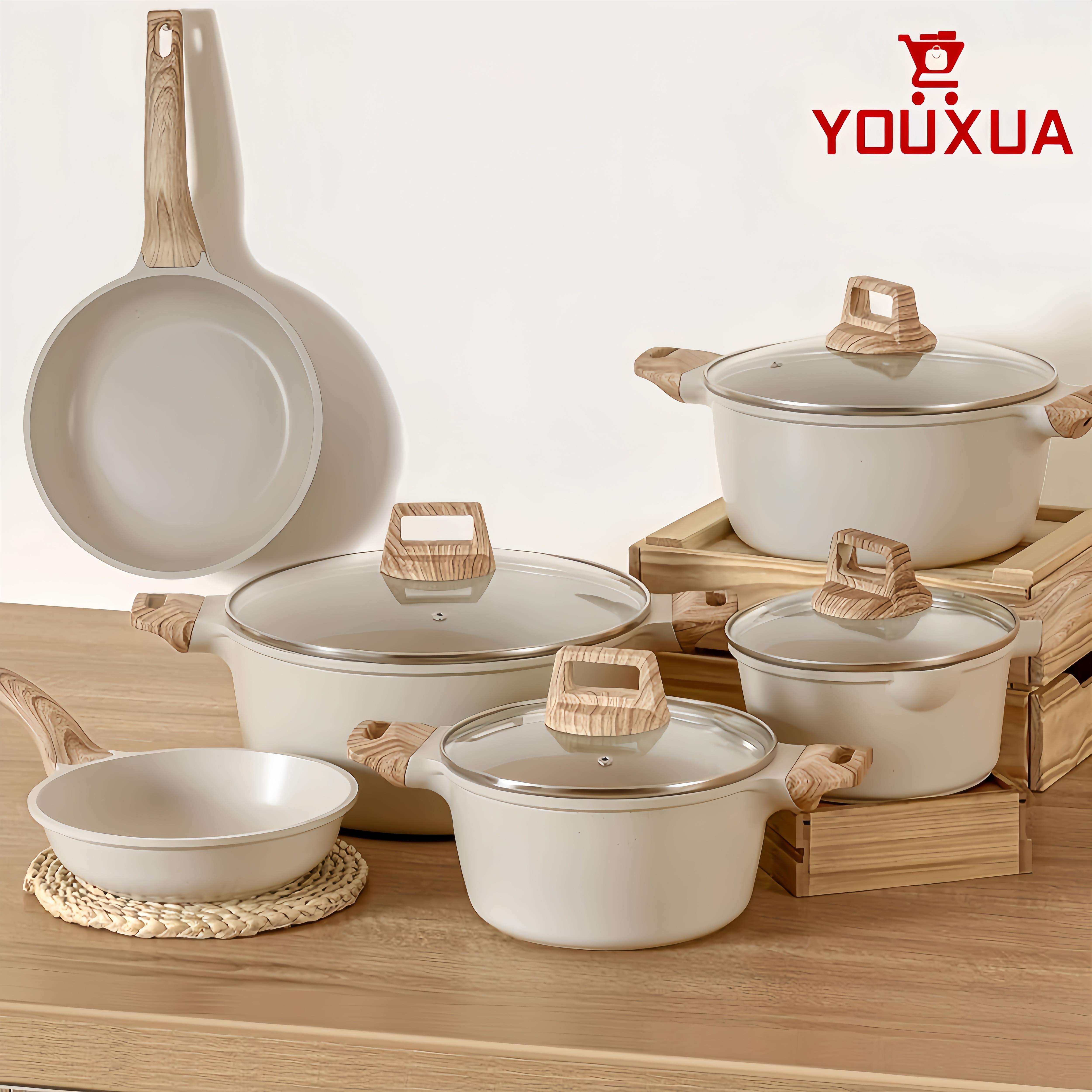 日本YOUXUA麦饭石锅具套装全套家用煎锅汤锅不粘锅炒锅厨具三件套