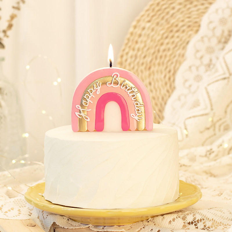 彩虹生日快乐happybirthday蜡烛宝宝周岁粉色字母蛋糕装饰摆件