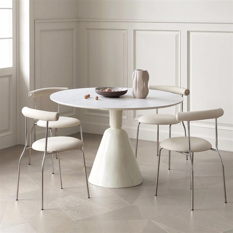 法式奶油风纯白岩板餐桌商用洽谈桌现代简约小户型圆形圣杯餐桌子