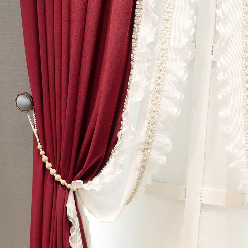 法式纯色窗帘酒红色婚房卧室木耳花边绣花加厚遮光定制落地窗客厅