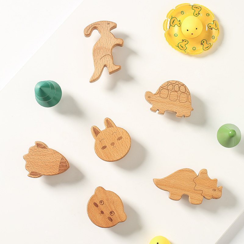 可爱儿童房衣柜拉手原木色卡通动物实木抽屉门把手书柜整体橱柜木