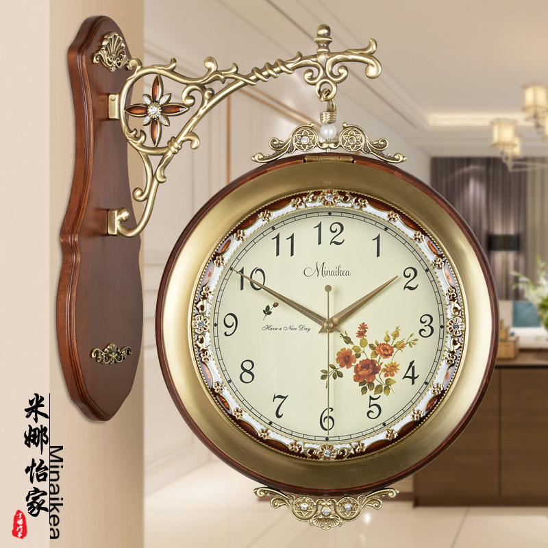 欧式仿古实木创意双面挂钟大号静音客厅黄铜壁挂两面石英钟表时钟