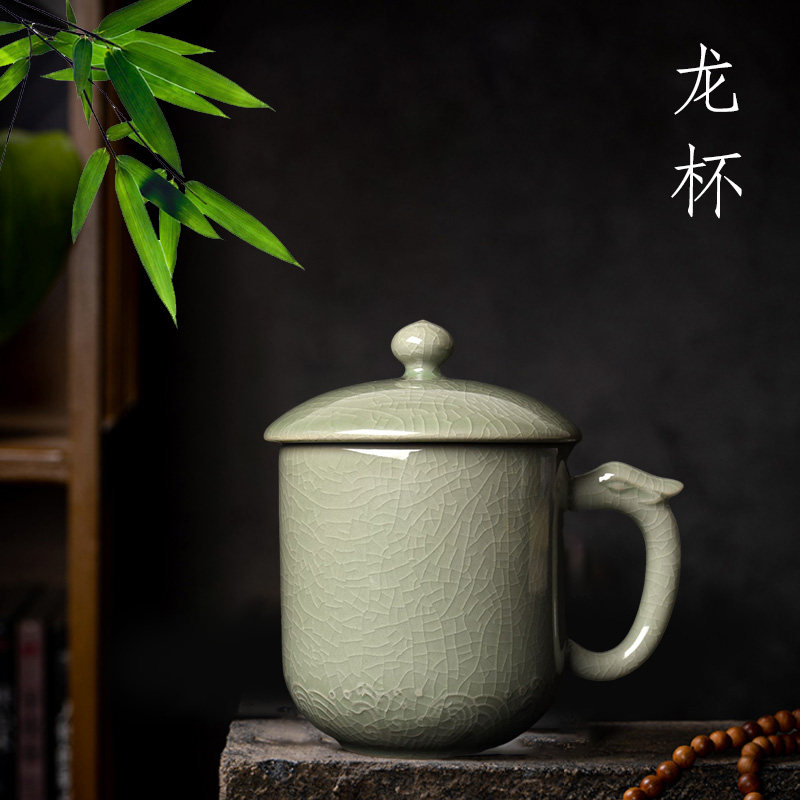 弘宝茶杯办公室会议室泡茶带盖汝瓷茶具粉青开片可养龙饮杯300ml