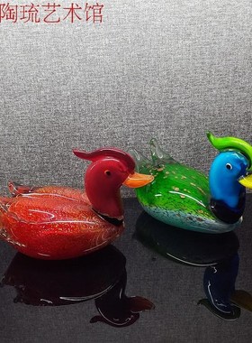 红绿一对琉璃鸳鸯摆件 新古典婚房装饰品 博山琉璃家居饰品