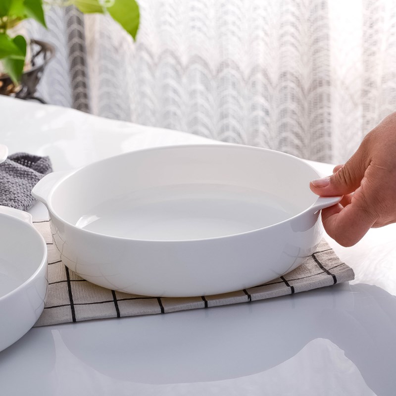 双耳骨瓷加深窝盘深口盘子菜盘家用陶瓷餐具创意纯白碟子蒸鸡蛋羹