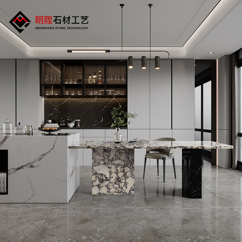 天然大理石云石大小户型现代长方形意式极简岛台餐桌组合设计定制