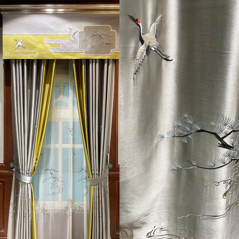 迎客松仙鹤刺绣中式窗帘古典客厅绣花布纱帘书房隔断遮光布帘定制,居家布艺,定制窗帘,淘宝优惠券,粉丝福利购,淘宝优惠卷