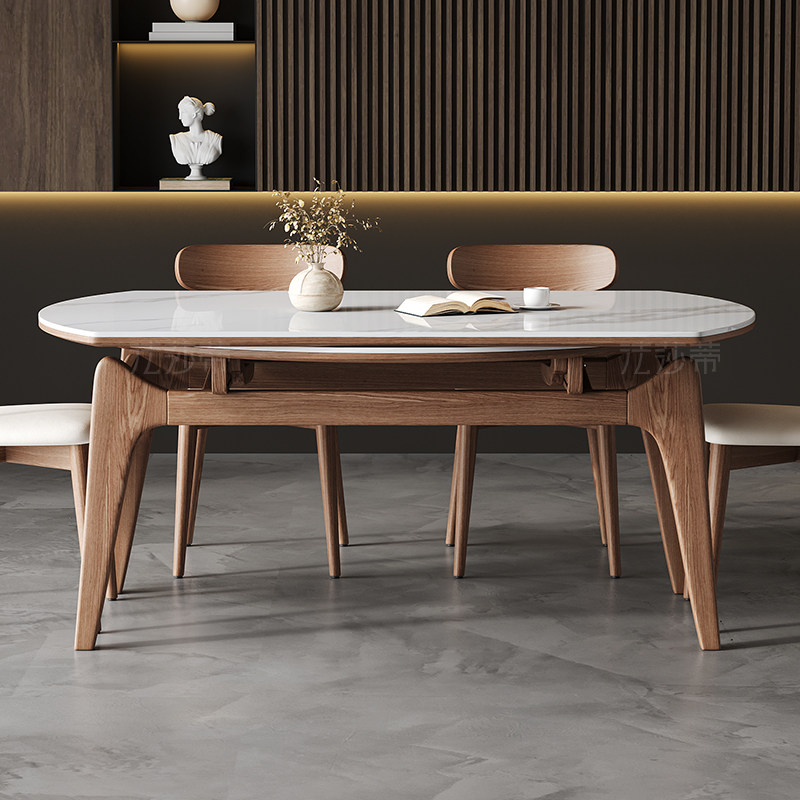 法莎蒂岩板伸缩实木餐桌现代简约家用小户型实木圆形猫耳朵餐桌