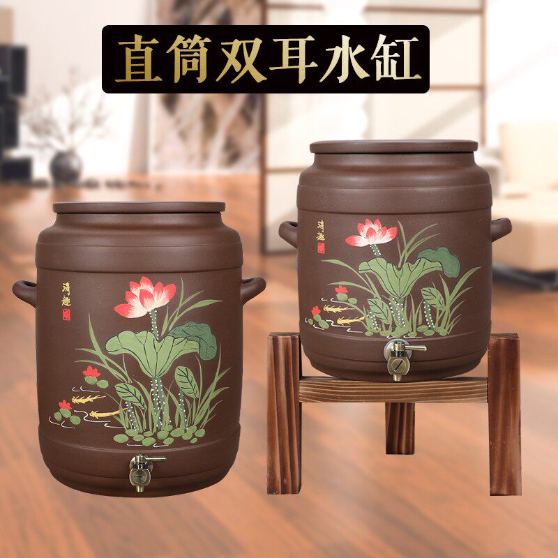 紫砂水缸大号陶瓷净水器带龙头宜兴原矿紫泥水罐无釉饮水机储水缸