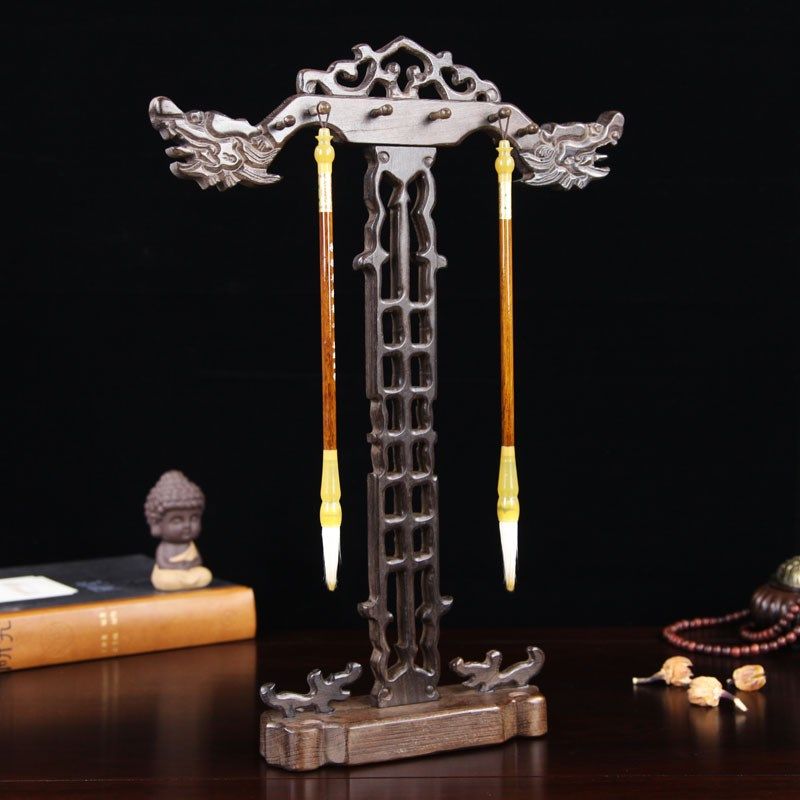 红木质工艺品笔挂毛笔架鸡翅木四龙双龙实木仿古笔架文房四宝12针,家居饰品,木雕,淘宝优惠券,粉丝福利购,淘宝优惠卷