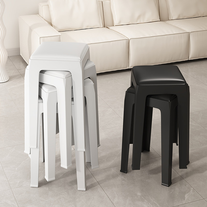 塑料凳子家用加厚软包可叠放高板凳客厅餐桌方凳现代简约塑胶椅子