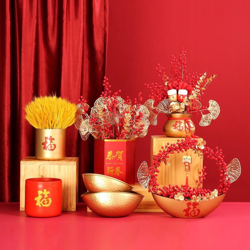 新年大福桶银柳金属福桶年宵花礼鲜花包装礼盒花桶喜庆聚宝盆摆件