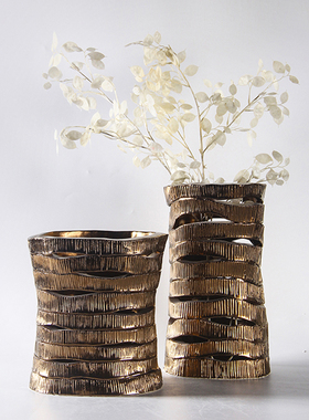 现代简约条状镂空金属色陶瓷花瓶摆件样板间家居酒店客厅卧室饰品