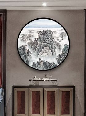 手绘国画山水画玄关圆形挂画泰山神韵无水无太阳实木框