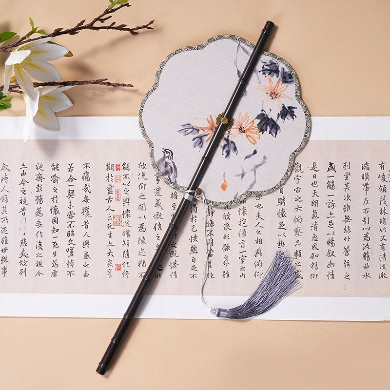 新款水墨山水长柄紫竹腰扇古诗古画长流苏挂腰扇子便携汉服配饰扇