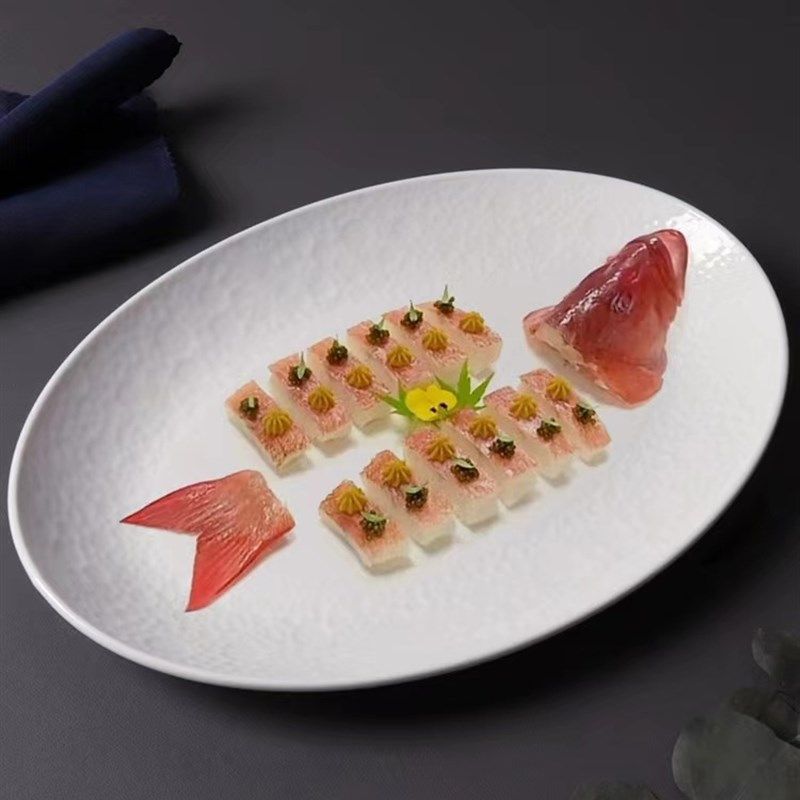 蒸鱼盘汤盘凉菜展示盘精致椭圆鱼盘子黑珍珠餐厅年夜饭宴会用中式