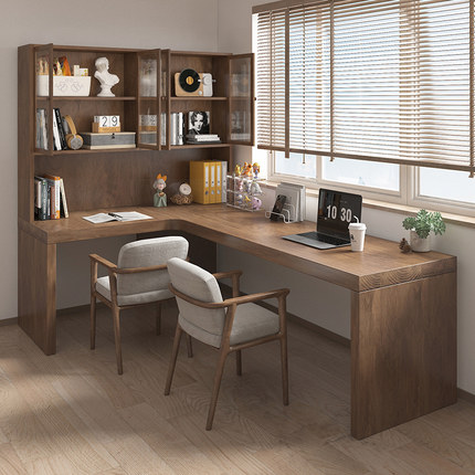 全实木转角书桌书架书柜卧室办公学生写字L型7双人电脑桌拐角靠墙