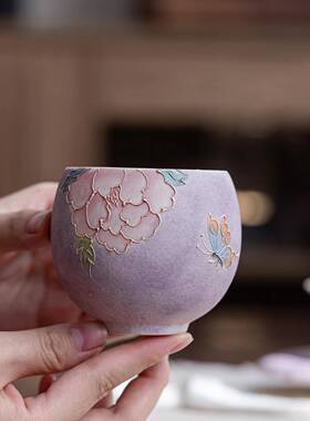 手绘堆雕牡丹龙蛋精致茶杯PFW单杯杯女士主专用人夫杯品茗杯功茶