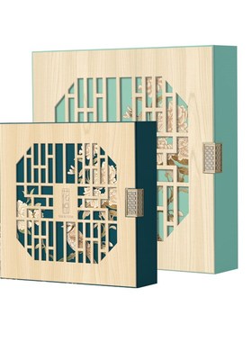 木纹花窗金扣蓝色酒店中秋月饼包装盒粒粒8粒流专版公版定制LOG