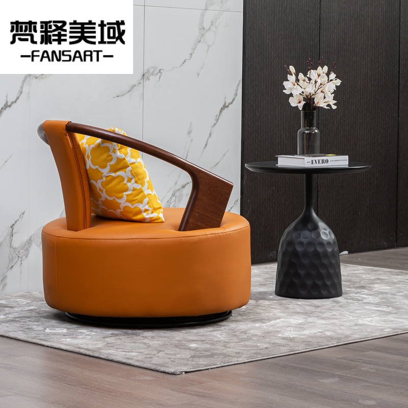 轻法式复古实木沙发椅可旋转纳帕皮胡桃木休闲椅卧室客厅单转椅