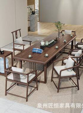 新中式实WVU桌全套木办公室原木创茶意屏风茶台家用意禅白蜡木泡