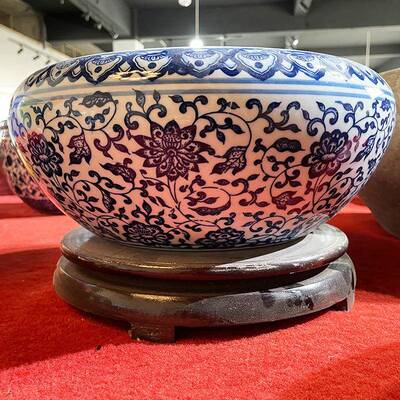 HTR花盆古培典青花鱼缸水盆大口径叶圆形草陶瓷水浅盆铜钱一睡莲