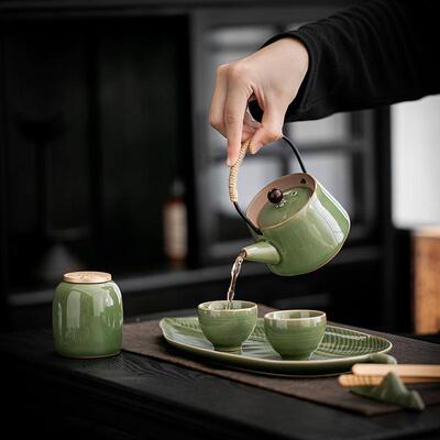 复古青瓷提梁小型功夫茶具茶壶gfcj-023套装一茶壶二杯小办室客厅