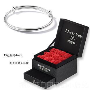 高档听银手镯99纯银女式款时9雷尚简光约面实心圆条推拉足银镯子