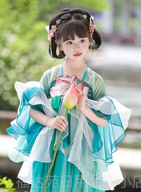 高档汉表服女童新舞款儿童洋装公主裙演服装仙女绝古美绿色台演出