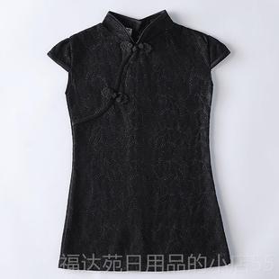 高档黑色袍女童2025旗新款夏装小女孩新中唐蕾丝式连衣裙儿童装演