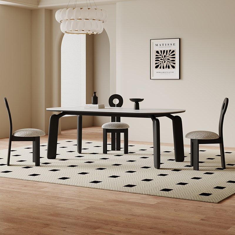 复古奶油风实木岩板餐桌椅现代简约小户型白蜡木长方形饭桌子