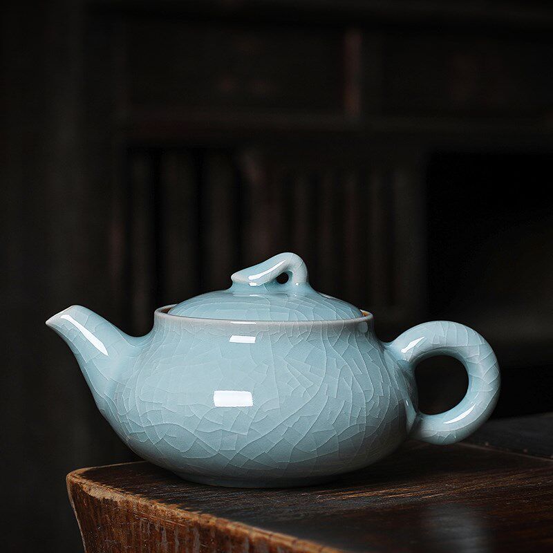 青瓷纯手工泡茶壶单壶陶瓷龙泉功夫茶具哥窑开片可养家用大号仿古