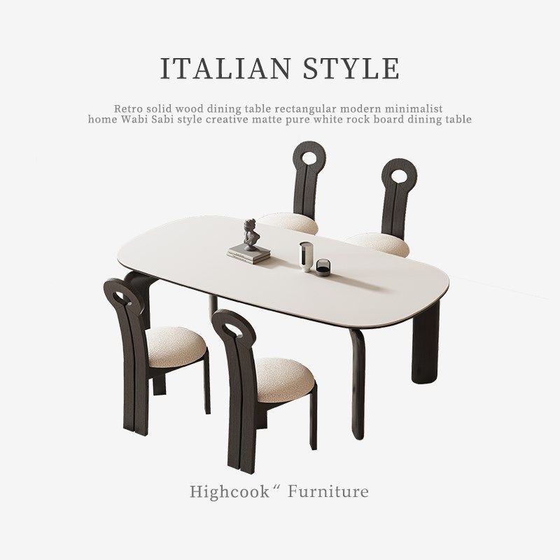 复古实木餐桌长方形现代简约家用侘寂风创意哑光纯白色岩板餐桌