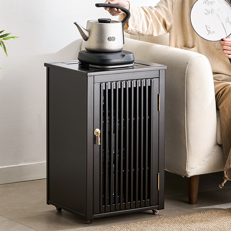 茶水柜单壶烧水下置桶装水茶吧推拉茶几实木可移动茶几中古风边几
