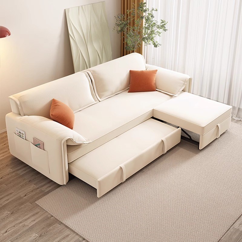 小户型客厅沙发床两用 奶油风一字直排可折叠 双人抽拉式带贵妃榻
