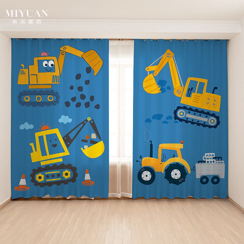 卡通挖掘机汽车工程车儿童房男孩卧室飘窗定制遮光窗帘2023年新款