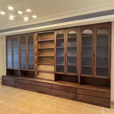 北美黑胡桃木满墙卡座书柜一体落地组合去客厅化实木书架工厂定制