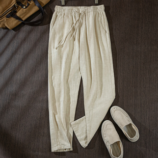 宽松显瘦百搭九分裤 麻尚生活棉麻直筒长裤 新款 秋季 松紧腰休闲男裤