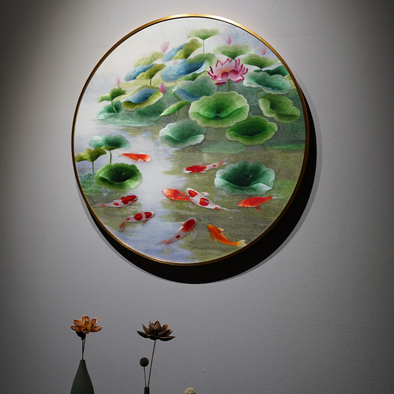 苏绣成品挂画锦鲤戏荷客厅玄关圆形带框苏州纯手工刺绣艺术装饰画