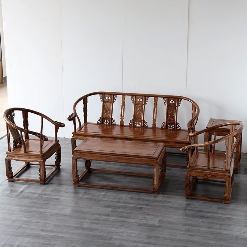 中式实木皇宫椅沙发五件套榆木仿古小户型客厅沙发茶几组合家具