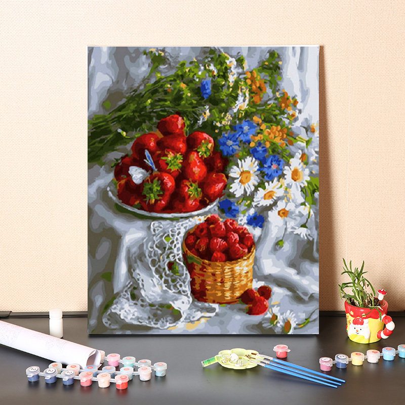 数字油画diy填充水果草莓花卉静物手工填色风景丙烯装饰油彩画画