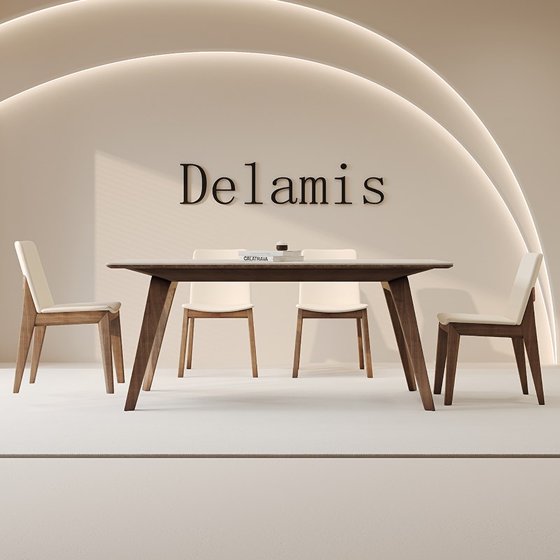 德利丰洞石岩板餐桌实木小户型白蜡木现代简约长方形家用岩板桌子