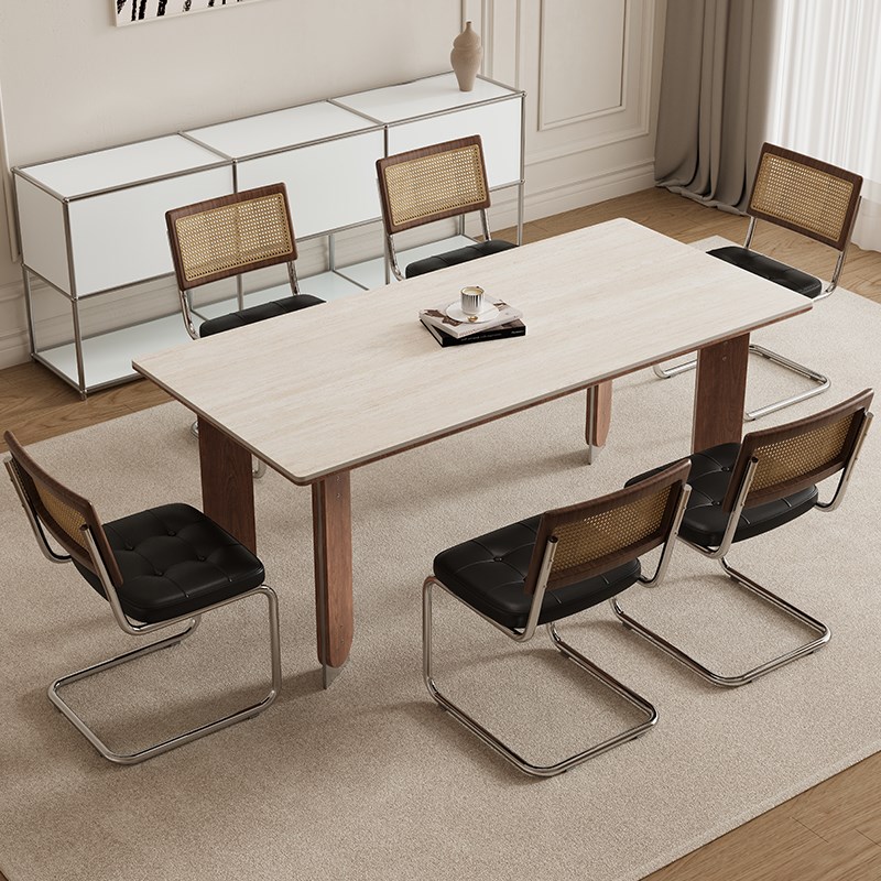 德利丰岩板餐桌家用不锈钢长方形小户型中古风高端全托现代饭桌子