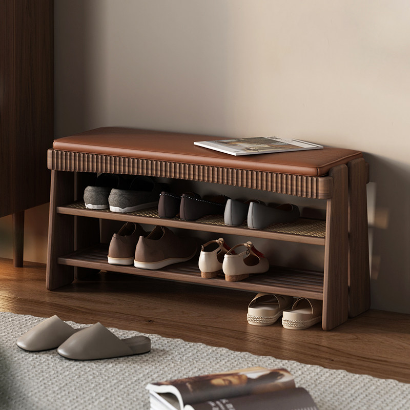 换鞋凳家用门口可坐黑胡桃木玄关入户穿鞋凳进门凳实木凳子皮坐垫