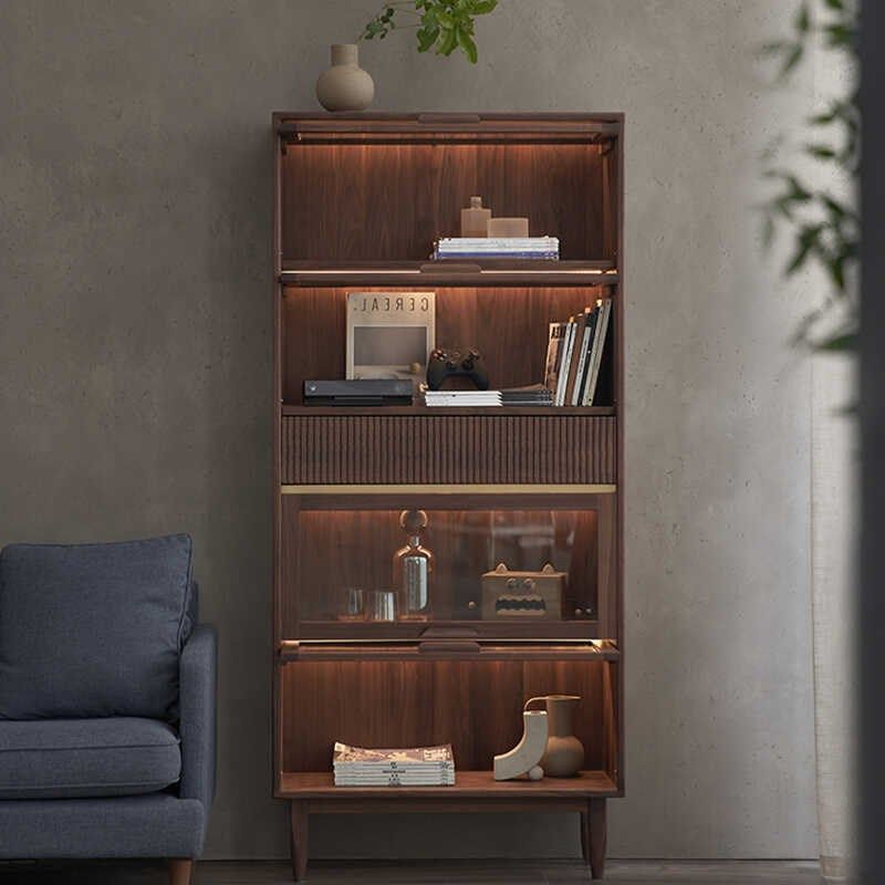 妙梵流光书柜北美黑胡桃木书柜收纳柜防尘玻璃柜翻门式储物柜